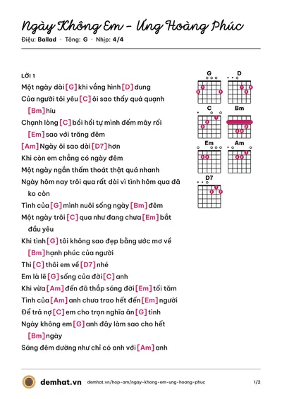 Hợp âm Ngày Không Em - Ưng Hoàng Phúc (Ưng Hoàng Phúc) – bản nhạc PDF trang 1, tông G