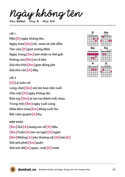 Hợp âm Ngày không tên (Đỗ Hoàng Hiệp) – bản nhạc PDF trang 1, tông D