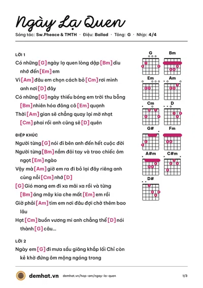 Hợp âm Ngày Lạ Quen (Sw.Pheace) – bản nhạc PDF trang 1, tông G