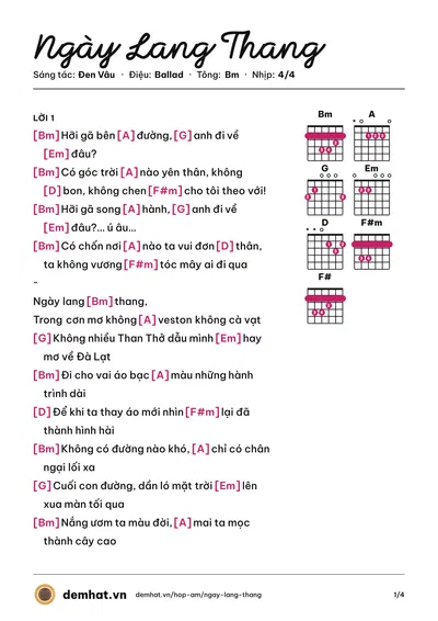Hợp âm Ngày Lang Thang (JGKid) – bản nhạc PDF trang 1, tông Bm