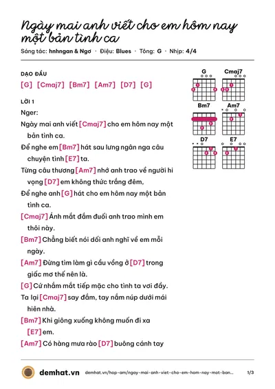 Hợp âm Ngày mai anh viết cho em hôm nay một bản tình ca (Ngơ) – bản nhạc PDF trang 1, tông G