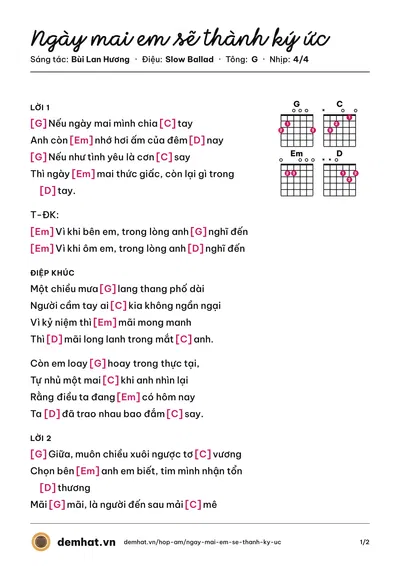 Hợp âm Ngày mai em sẽ thành ký ức (Bùi Lan Hương) – bản nhạc PDF trang 1, tông G
