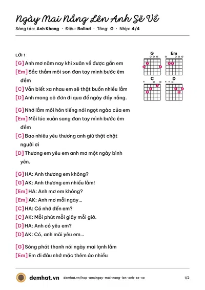 Hợp âm Ngày Mai Nắng Lên Anh Sẽ Về (Anh Khang) – bản nhạc PDF trang 1, tông G