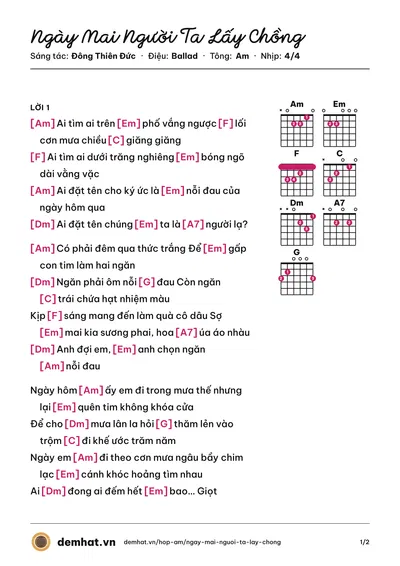 Hợp âm Ngày Mai Người Ta Lấy Chồng (Thành Đạt) – bản nhạc PDF trang 1, tông Am