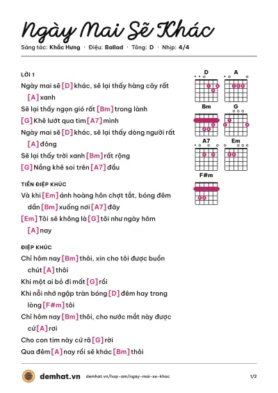 Hợp âm Ngày Mai Sẽ Khác (Lê Hiếu) – bản nhạc PDF trang 1, tông D