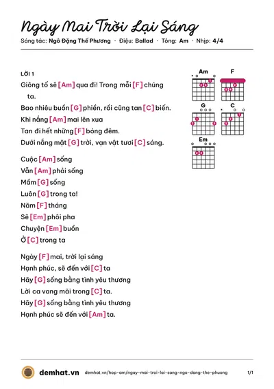 Hợp âm Ngày Mai Trời Lại Sáng (Hà My) – bản nhạc PDF trang 1, tông Am