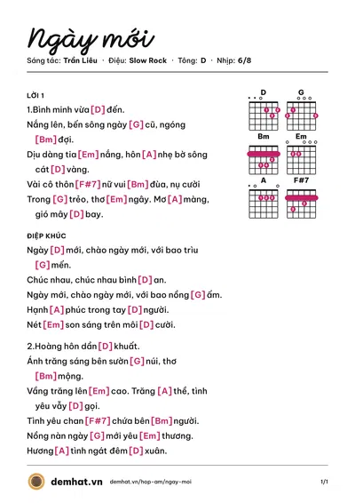 Hợp âm Ngày mới (Trần Liêu) – bản nhạc PDF trang 1, tông D