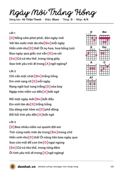Hợp âm Ngày Mới Trắng Hồng (Văn Mai Hương) – bản nhạc PDF trang 1, tông D