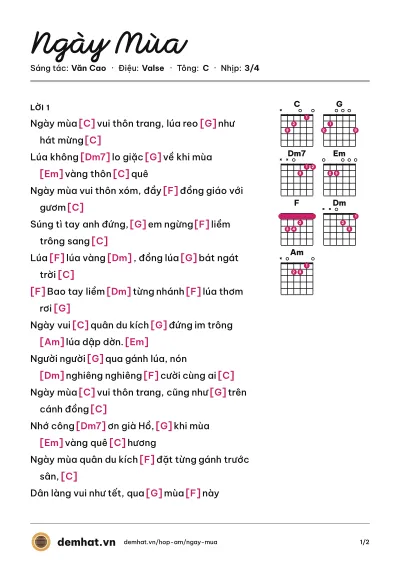 Hợp âm Ngày Mùa (Trọng Tấn) – bản nhạc PDF trang 1, tông C