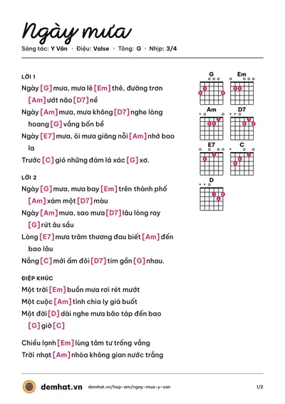 Hợp âm Ngày mưa (Thanh Lan (trước 75)) – bản nhạc PDF trang 1, tông G
