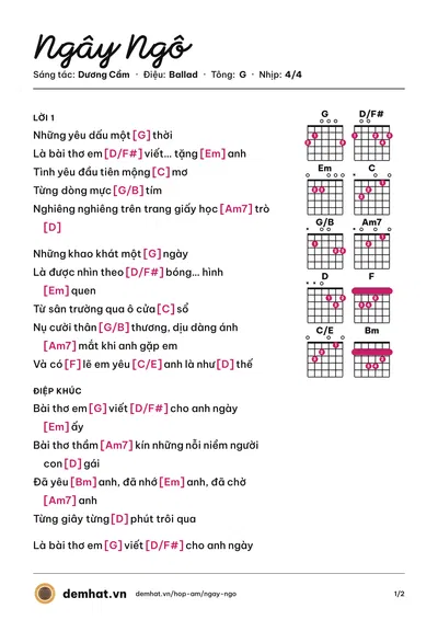 Hợp âm Ngây Ngô (Hoàng Yến) – bản nhạc PDF trang 1, tông G