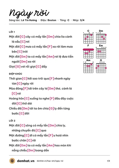 Hợp âm Ngày rời (Anh Dũng) – bản nhạc PDF trang 1, tông C