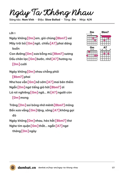 Hợp âm Ngày Ta Không Nhau (Nam Vĩnh) – bản nhạc PDF trang 1, tông Dm