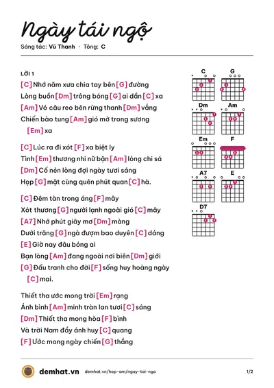 Hợp âm Ngày tái ngộ (Vũ Thanh) – bản nhạc PDF trang 1, tông C