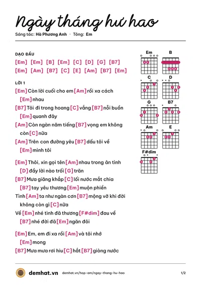 Hợp âm Ngày tháng hư hao (Nguyên Thảo) – bản nhạc PDF trang 1, tông Em