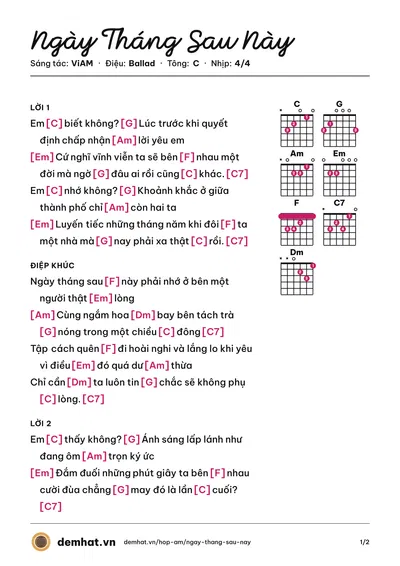 Hợp âm Ngày Tháng Sau Này (Huy Vạc) – bản nhạc PDF trang 1, tông C
