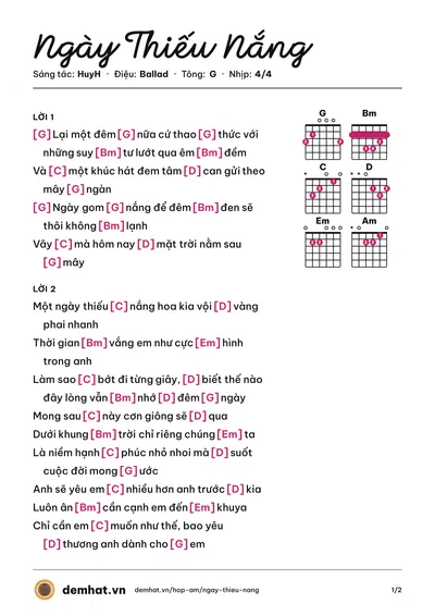Hợp âm Ngày Thiếu Nắng (HuyH) – bản nhạc PDF trang 1, tông G