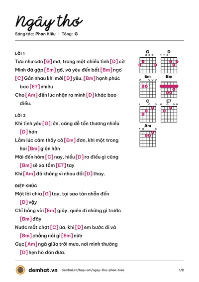 Hợp âm Ngây thơ (Dyan) – bản nhạc PDF trang 1, tông G