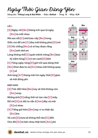 Hợp âm Ngày Thời Gian Đứng Yên (Đại Nhân) – bản nhạc PDF trang 1, tông G