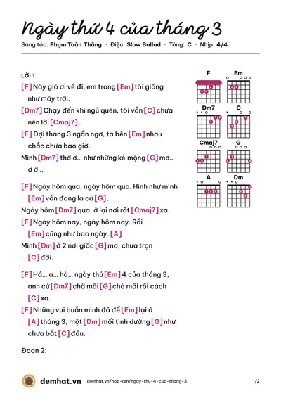 Hợp âm Ngày thứ 4 của tháng 3 (Phạm Toàn Thắng) – bản nhạc PDF trang 1, tông C