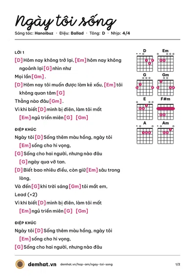 Hợp âm Ngày tôi sống (Hanoibuz) – bản nhạc PDF trang 1, tông D