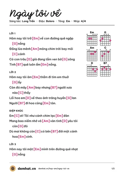 Hợp âm Ngày tôi về (Hồng Phấn) – bản nhạc PDF trang 1, tông Em