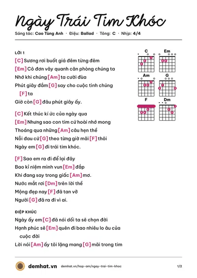 Hợp âm Ngày Trái Tim Khóc (Cao Tùng Anh) – bản nhạc PDF trang 1, tông C