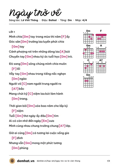 Hợp âm Ngày trở về (Lê Viết Thông) – bản nhạc PDF trang 1, tông Dm
