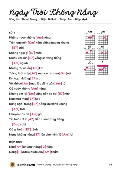 Hợp âm Ngày Trời Không Nắng (Vũ Trung Hiền) – bản nhạc PDF trang 1, tông Am