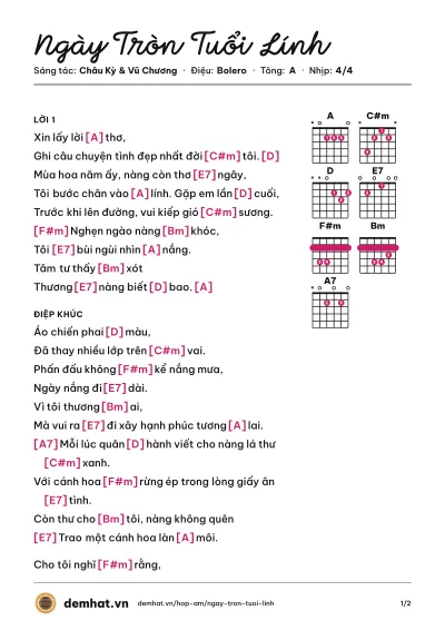 Hợp âm Ngày Tròn Tuổi Lính (Trúc Ly) – bản nhạc PDF trang 1, tông A