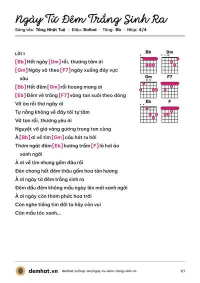 Hợp âm Ngày Từ Đêm Trắng Sinh Ra (Hiền Thục) – bản nhạc PDF trang 1, tông Bb