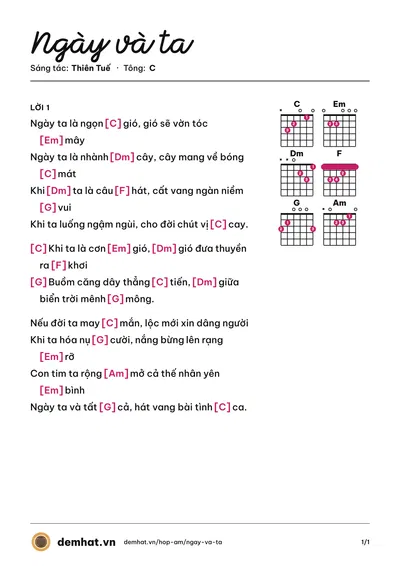 Hợp âm Ngày và ta (Tuyết Mai) – bản nhạc PDF trang 1, tông C