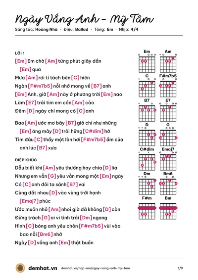 Hợp âm Ngày Vắng Anh - Mỹ Tâm (Mỹ Tâm) – bản nhạc PDF trang 1, tông Em