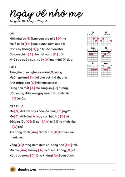 Hợp âm Ngày về nhớ mẹ (Phi Bằng) – bản nhạc PDF trang 1, tông G