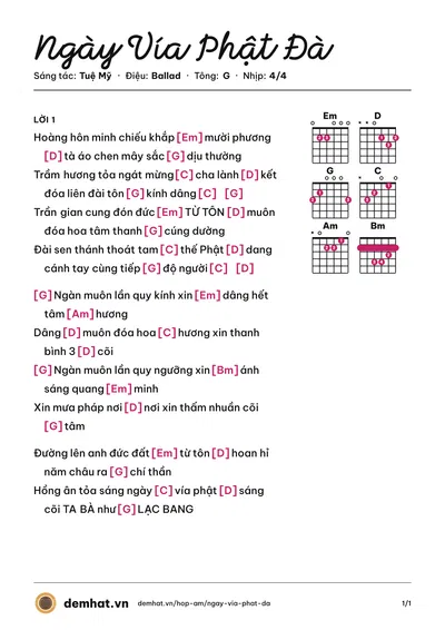 Hợp âm Ngày Vía Phật Đà (Go.on) – bản nhạc PDF trang 1, tông G