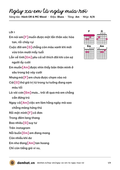 Hợp âm Ngày xa em là ngày mưa rơi (Hành OR) – bản nhạc PDF trang 1, tông Am