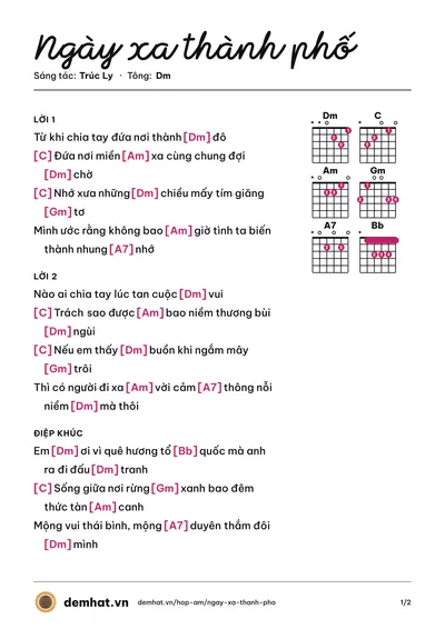 Hợp âm Ngày xa thành phố (Hoàng Oanh (trước 75)) – bản nhạc PDF trang 1, tông Dm
