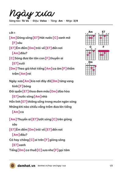 Hợp âm Ngày xưa (Thanh Lan) – bản nhạc PDF trang 1, tông Am