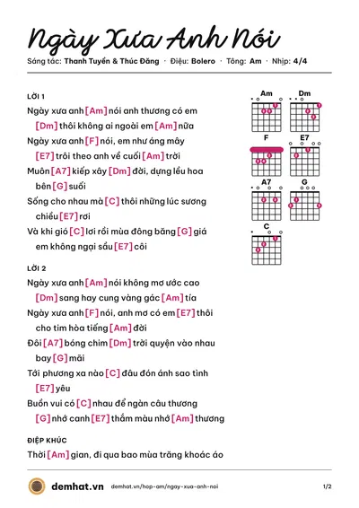 Hợp âm Ngày Xưa Anh Nói (Thanh Tuyền) – bản nhạc PDF trang 1, tông Am