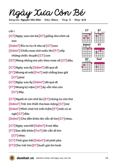 Hợp âm Ngày Xưa Còn Bé (Tam Ca Áo Trắng) – bản nhạc PDF trang 1, tông C