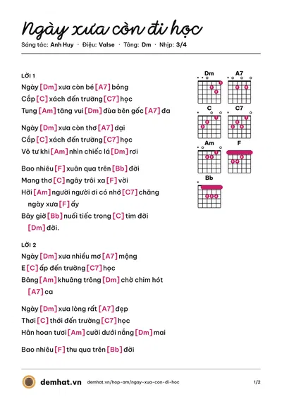 Hợp âm Ngày xưa còn đi học (Như Mai) – bản nhạc PDF trang 1, tông Dm