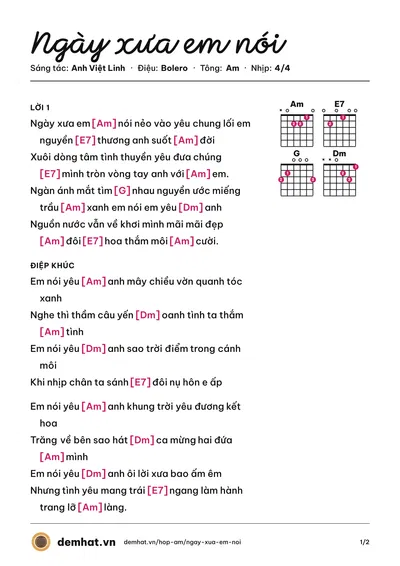 Hợp âm Ngày xưa em nói (Anh Việt Linh) – bản nhạc PDF trang 1, tông Am