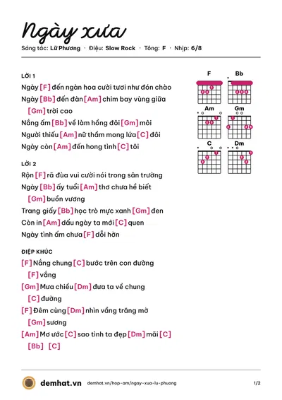 Hợp âm Ngày xưa (Lữ Phương) – bản nhạc PDF trang 1, tông F