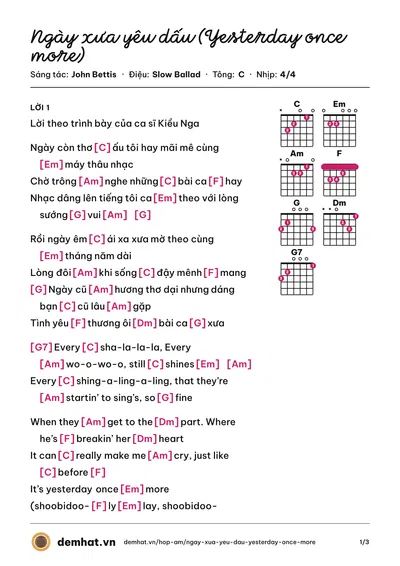 Hợp âm Ngày xưa yêu dấu (Yesterday once more) (The Carpenters) – bản nhạc PDF trang 1, tông C