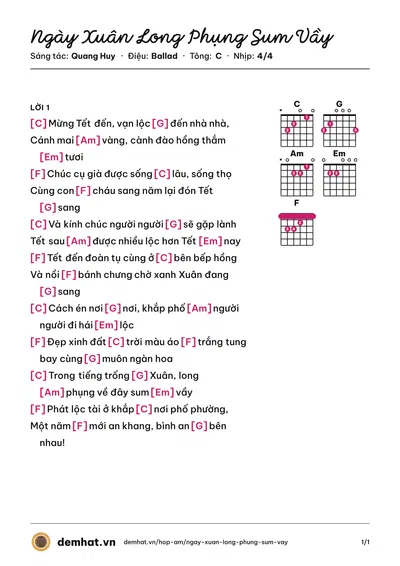 Hợp âm Ngày Xuân Long Phụng Sum Vầy (Lam Trường) – bản nhạc PDF trang 1, tông C