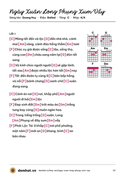 Hợp âm Ngày Xuân Long Phụng Xum Vầy (Thái Lan Viên) – bản nhạc PDF trang 1, tông C