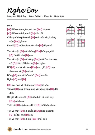 Hợp âm Nghe Em (Thịnh Suy) – bản nhạc PDF trang 1, tông G