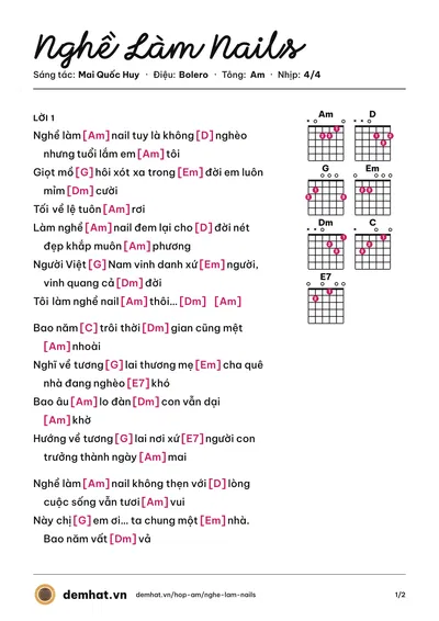 Hợp âm Nghề Làm Nails (Mai Quốc Huy) – bản nhạc PDF trang 1, tông Am