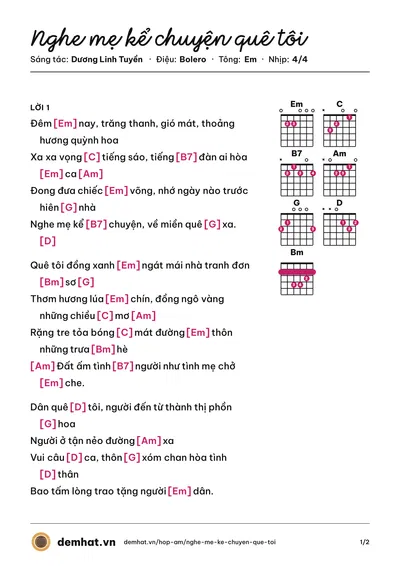 Hợp âm Nghe mẹ kể chuyện quê tôi (Dương Linh Tuyền) – bản nhạc PDF trang 1, tông Em