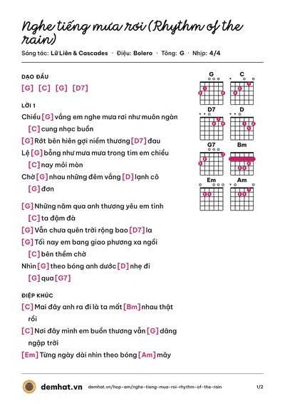 Hợp âm Nghe tiếng mưa rơi (Rhythm of the rain) (Khánh Hà) – bản nhạc PDF trang 1, tông G
